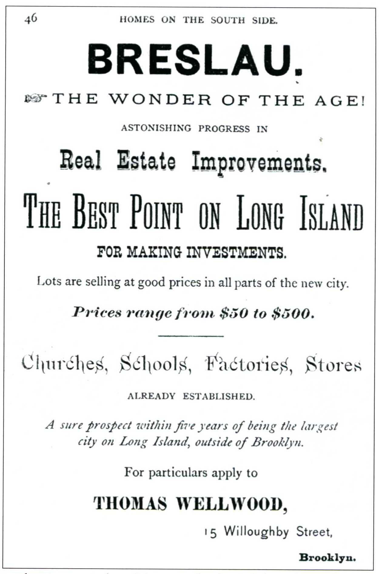 Breslau Station advertisement "The best point on Long Island"