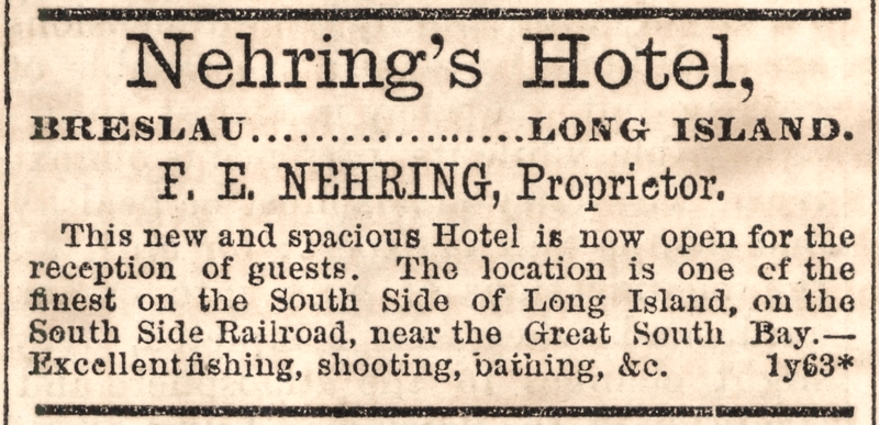 Nehring's hotel, Breslau, Long Island. Newspaper print. 