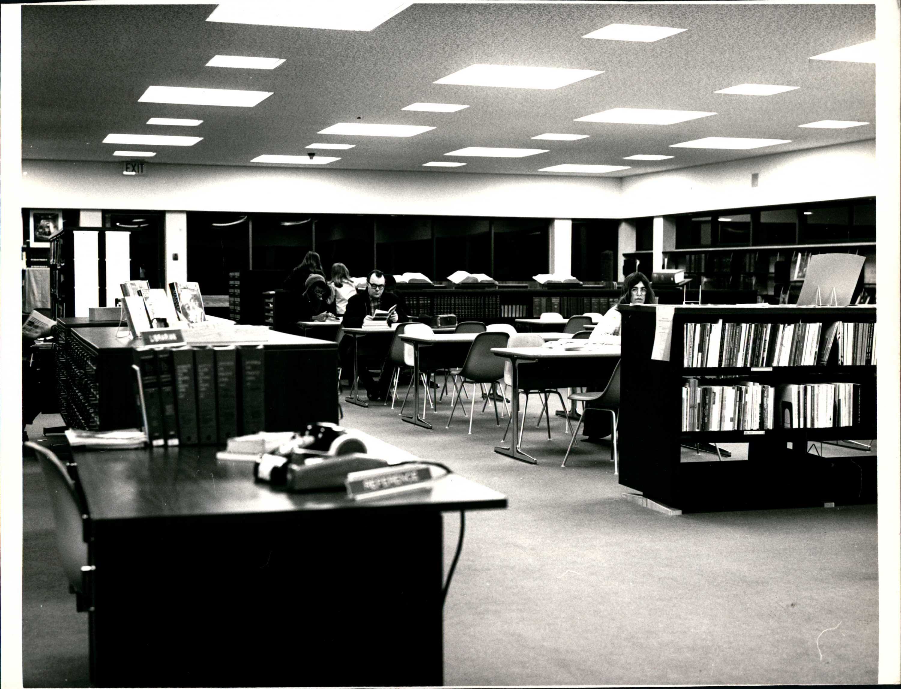 Black and white photo of the reference room. 