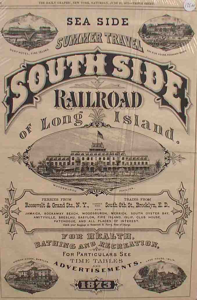 Southside Railroad of Long Island advertisement. Black and white print. 