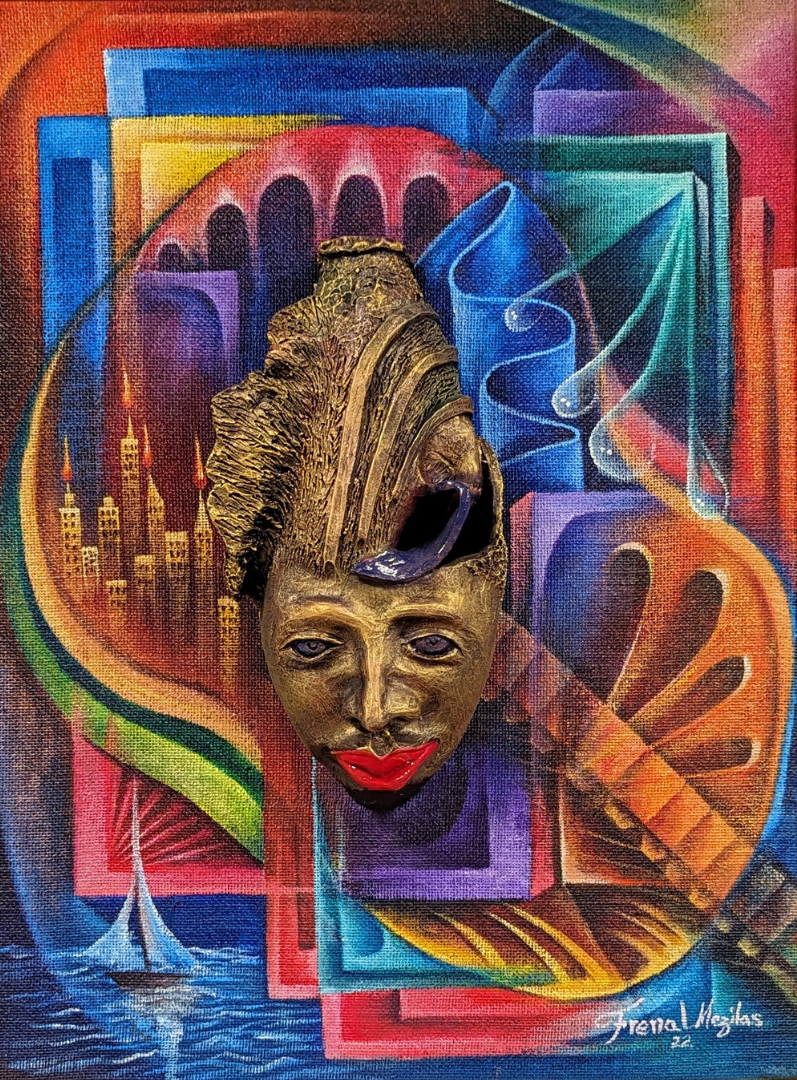 mask in frame against vibrant backdrop