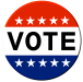 Vote badge in red, white, and blue. 